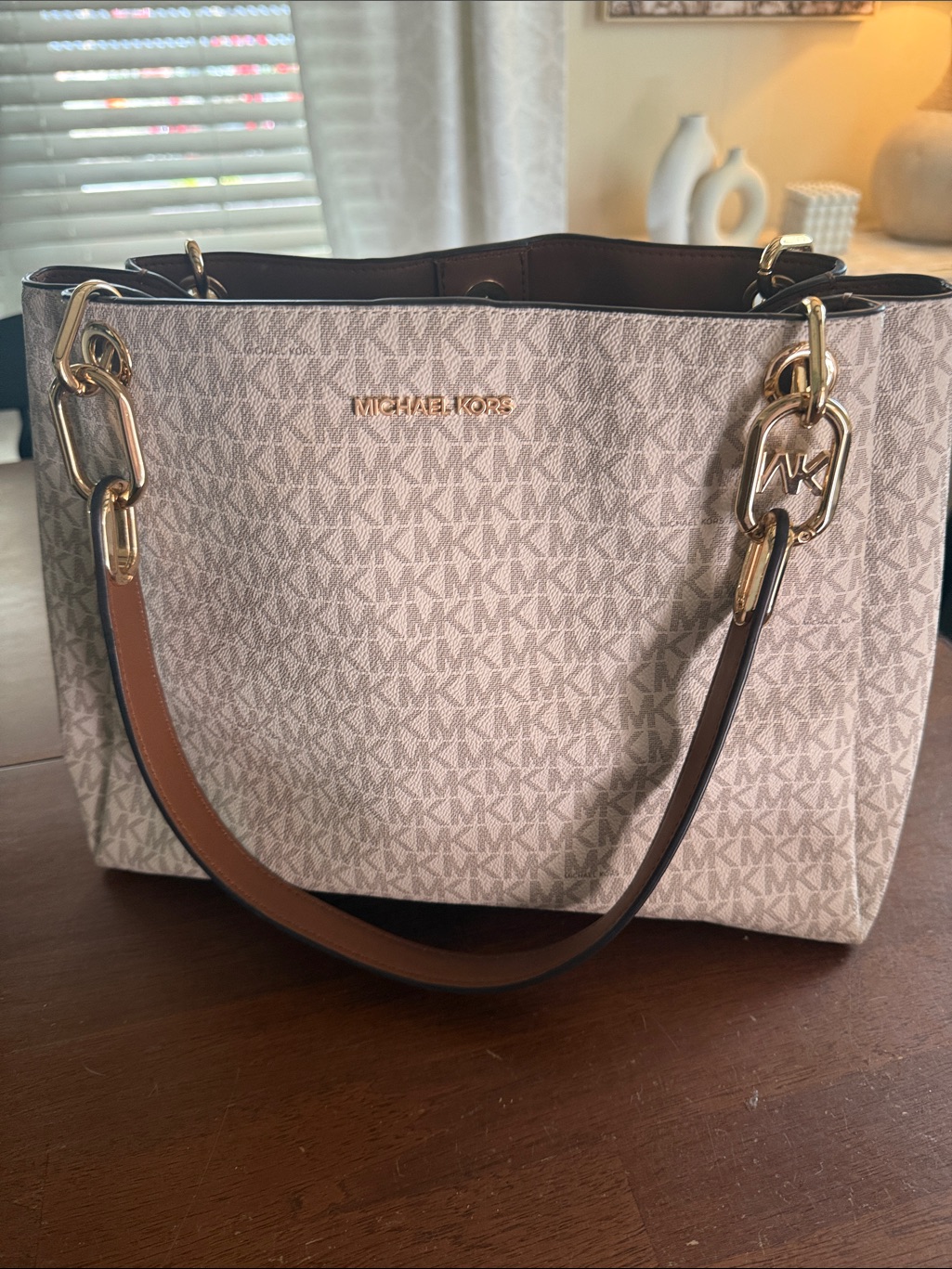 Michael Kors Beige Logo-Print Shoulder Bag With Brown Strap
